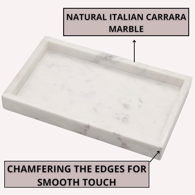 Natural White Marble Tray for Bathroom | Kitchen | Vanity | Desktop, Stone Organizer for Coffee Table, Dresser, Nightstand, Candles, Soap, Towel, Plant, Jewelry (12" x 8"), Rectangular