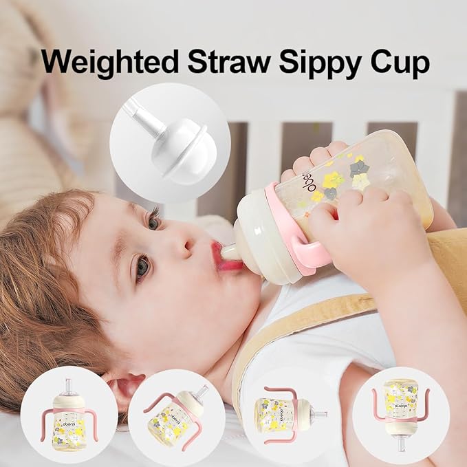 PPSU No Spill Sippy cups,Weighted Straw Toddler Water Bottle with Handle,Spill Proof Toddler Cup with Leakproof Spout for Baby 6-12 Months and Toddlers 1-3 (10 Ounce, Pink, 1 Pack)