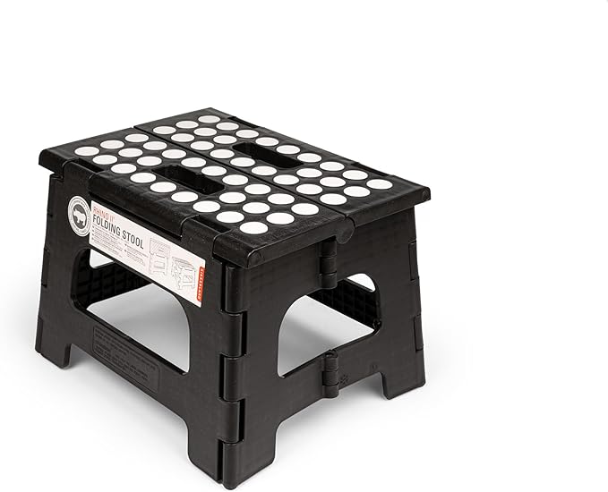 Kikkerland Rhino Foldable Step Stool – Holds Adults up to 300 Lbs, Best for Kitchen & Bathroom – Collapsible, Portable, Lightweight Stepping Stool with Sturdy, Non-Slip Design – Black, 8”