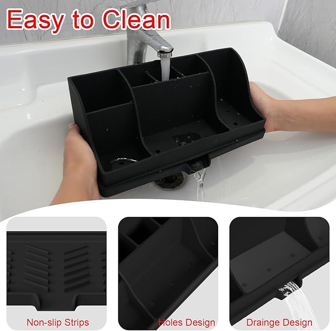 Large Toothbrush and Toothpaste Holder with Drain Tray, Black Silicone Shower Bathroom Vanity Organizer, 7 Compartments Bathroom Organizer Countertop Toothbrush Caddy