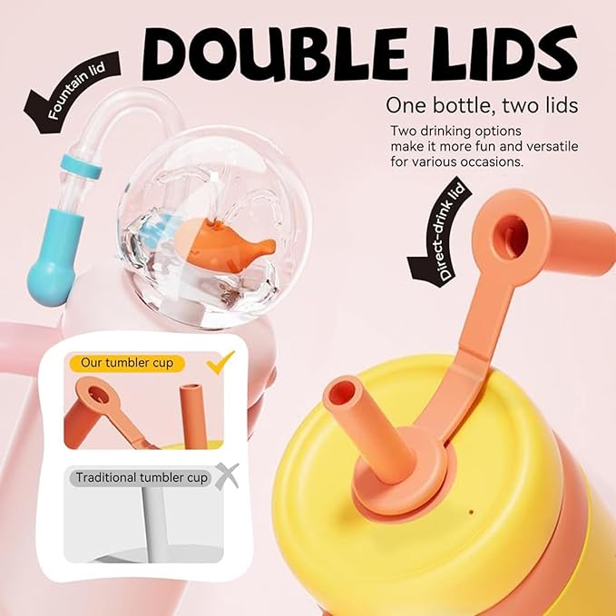 Drinking Cup With Whale Squirt, 24oz Whale Water Bottle with Handle, Insulated Stainless Steel Whale Water Cups With Two Silicone Soft Tip, Leak-Proof Whale Fountain Bottle for Kids Teens (Pink)