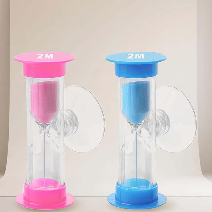 2 Minute Sand Timer with Sauction Cup, Small Blue and Pink Acrylic Hourglass Sand Clock Set, Plastic Glass Mini Sandglass for Classroom Games Kitchen (Pack of 2)