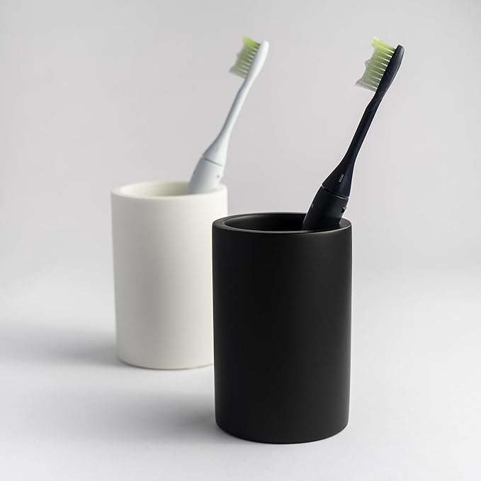 Matte Black Resin Bathroom Tumbler Cup - Matte Black Toothbrush Holder, 4x2.75 Inch, 12oz Capacity, Minimalist Vanity Countertop Organizer (Black)