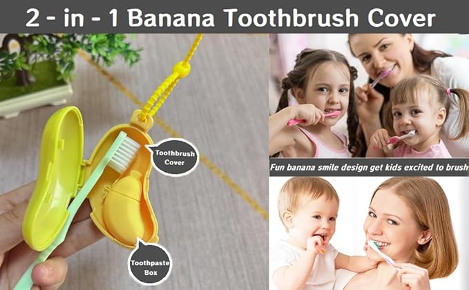 2Pcs 2-in-1 Travel toothbrush holder-Toothbrush covers with Toothpaste case,Portable Reuse Organizer with Banana smile-cute toothbrush cap for Electric&Manual Toothbrush,Ideal for Home&Travel(2,YE&GN)