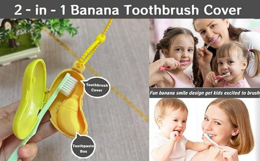 2Pcs 2-in-1 Travel toothbrush holder-Toothbrush covers with Toothpaste case,Portable Reuse Organizer with Banana smile-cute toothbrush cap for Electric&Manual Toothbrush,Ideal for Home&Travel(2,YE&GN)