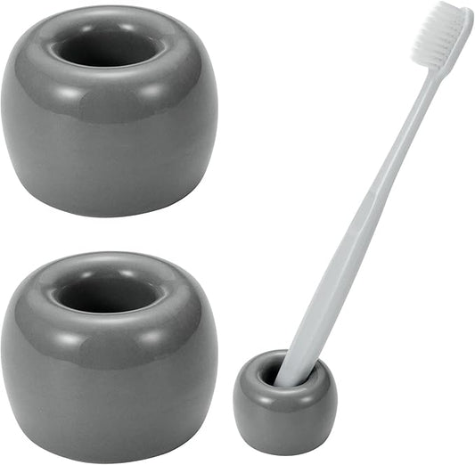 Mini Ceramic Couple Toothbrush Holder, Hand-Made Bathroom Toothbrush Holder, Electric Toothbrush Head Holder and Office Pen Holder 2-Piece Set (Gray)