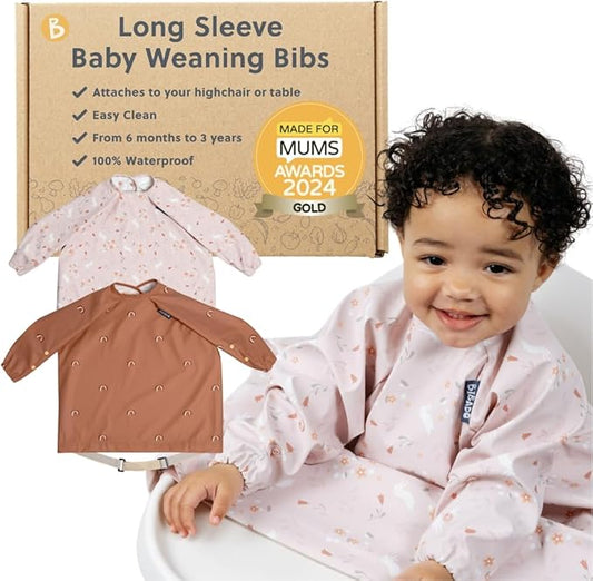 BIBaDO - Long Sleeve Baby Bibs - Babies & Toddlers 6-36 Months - Coverall Baby Led Weaning Bib - Easy Wipe, Soft & Waterproof