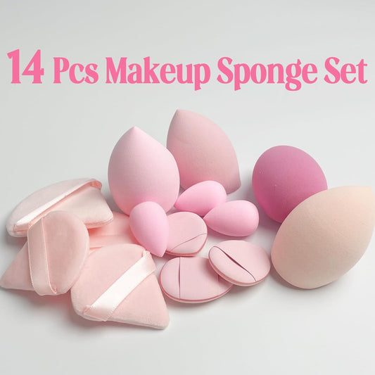 Makeup Sponge Set Blender Sponges 14 Pcs for Liquid Cream, and Powder Latex Free Multi-colored Sponges for Makeup Application with Storage Box Pink Gifts