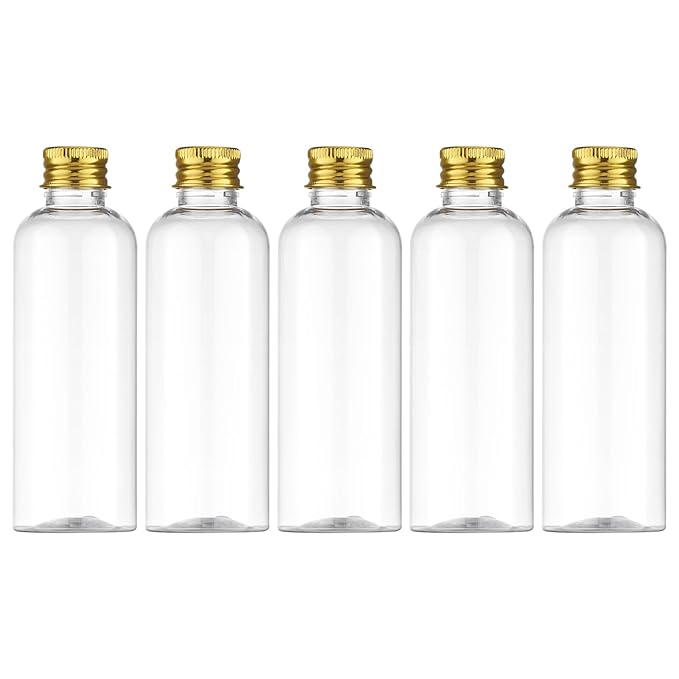 Tekson Plastic Travel Size Bottles 3.4 oz, Mouthwash Bottle, Refillable Containers for Cosmetic with Gold Screw Cap for Travel Essentials (100ml, Clear)