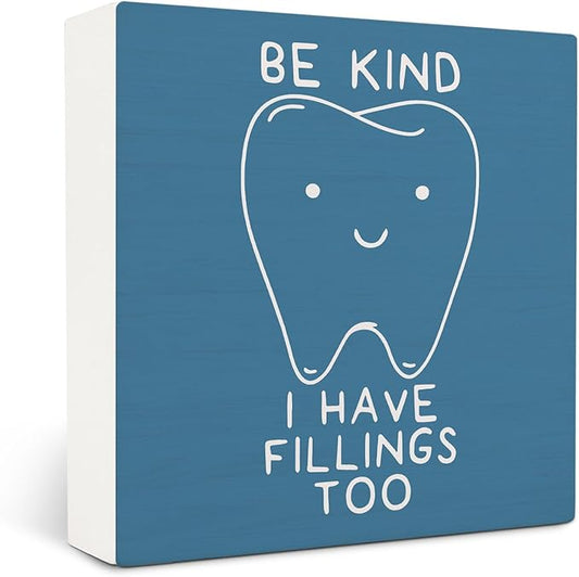 Dental Decor Wooden Signs,Blue Dental Hygienist Wooden Box Sign,Funny Dentist For Home Office Shelf Table Decor 5x5 Inches,Dental School Gift, Dentist Gifts