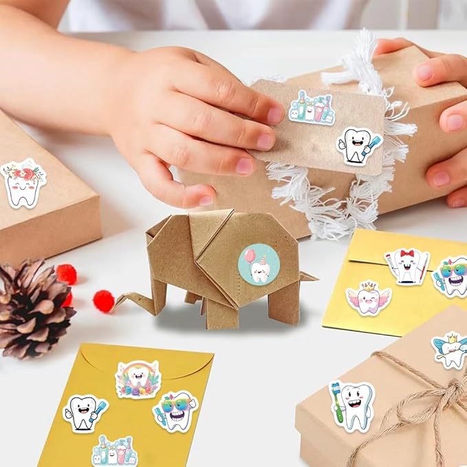 500PCS Teeth Stickers for Kids 10 Styles Sticker Rolls Cartoon Teeth Fairy Stickers Tooth Party Favors Waterproof Vinyl Stickers(500 Per Roll)