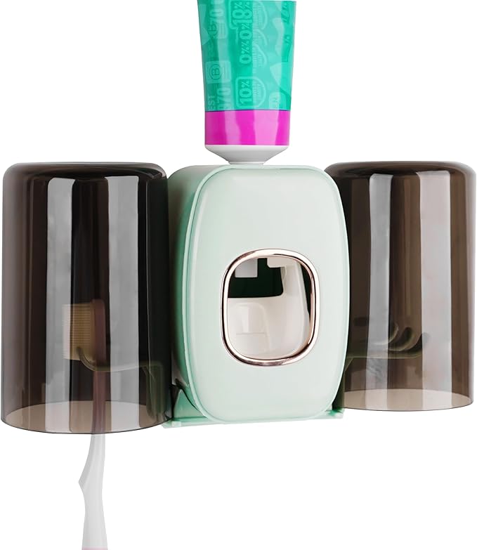 4 Slots Wall Mount Toothbrush Holder with Cover, Self Adhesive Toothbrush Storage Organizer for Shower, Toothbrush Hanger with 2 mouthwash Cups for Bathroom, Medicine Cabinet, Dorm(Green)