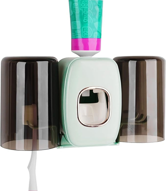 4 Slots Wall Mount Toothbrush Holder with Cover, Self Adhesive Toothbrush Storage Organizer for Shower, Toothbrush Hanger with 2 mouthwash Cups for Bathroom, Medicine Cabinet, Dorm(Green)