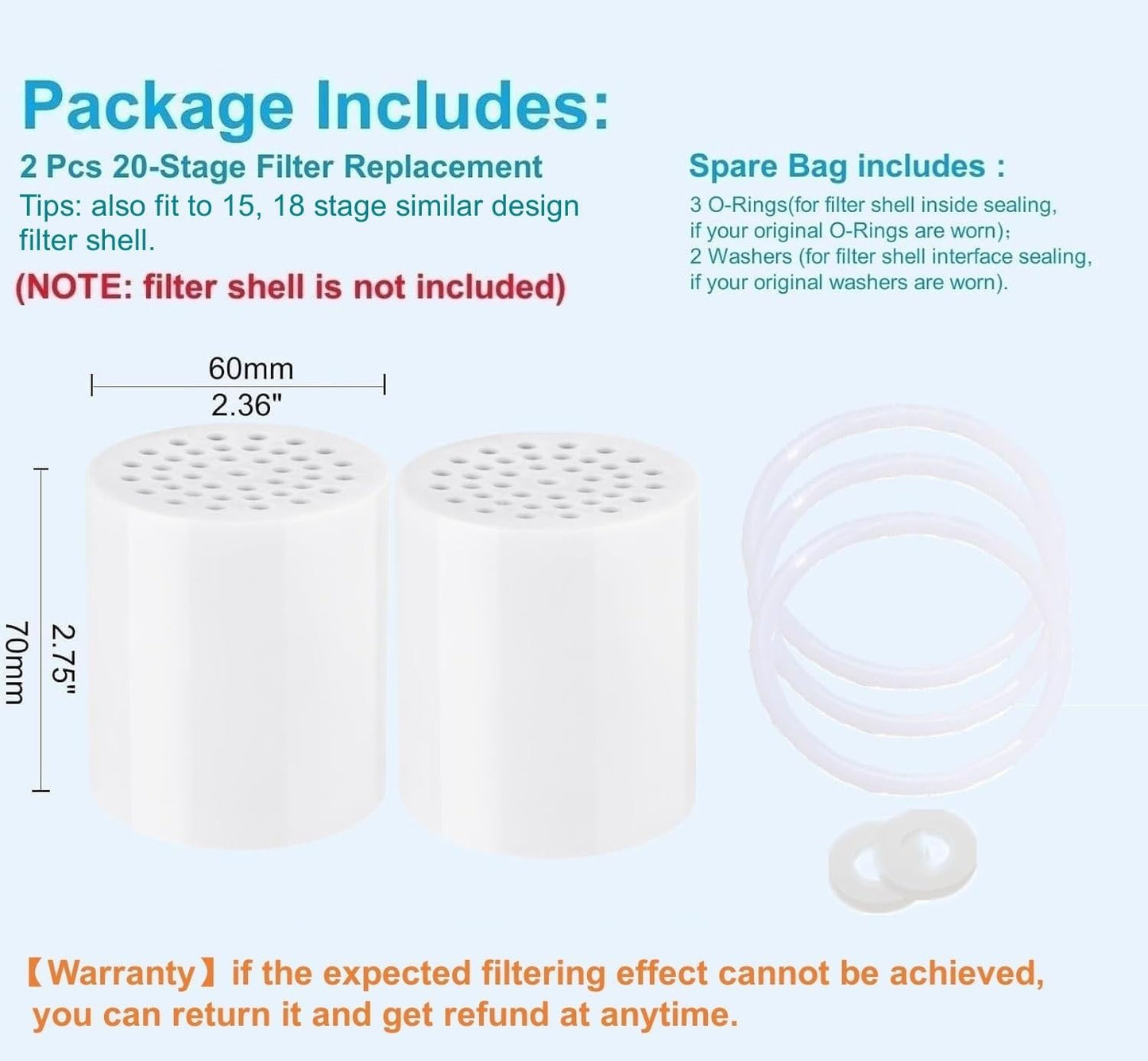 2 Pc Luxau 20 Stage(Also Fit 15, 18 Stage) Shower Filter Replacement Cartridge, Shower Head Filter Refill, for Hard Water Chlorine Heavy Metal, Skin Hair, Fit Any Similar Design Shower Water Filter