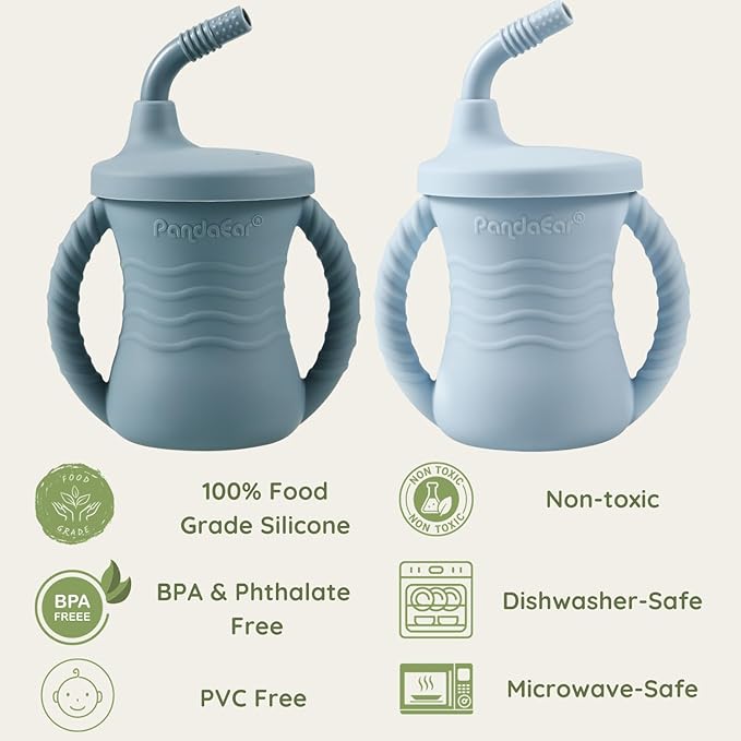 PandaEar Silicone Training Cup, 2 Pack Baby Drinking Sippy Cups with Handles & Straw for Baby and Toddler 6 Months+ (Dark Blue/Light Blue)