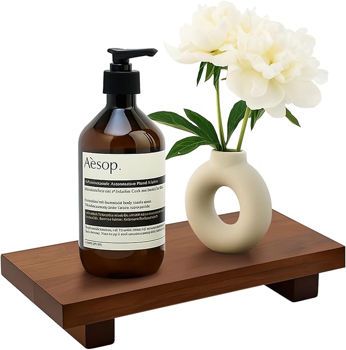 Acacia Wood Riser Pedestal Stand Farmhouse Small Bathroom Vanity Tray Rustic Wooden Hand Soap Dish Dispenser Holder for Kitchen Sink Counter Decorative Tray Modern Bathroom Decor Organizer Accessories