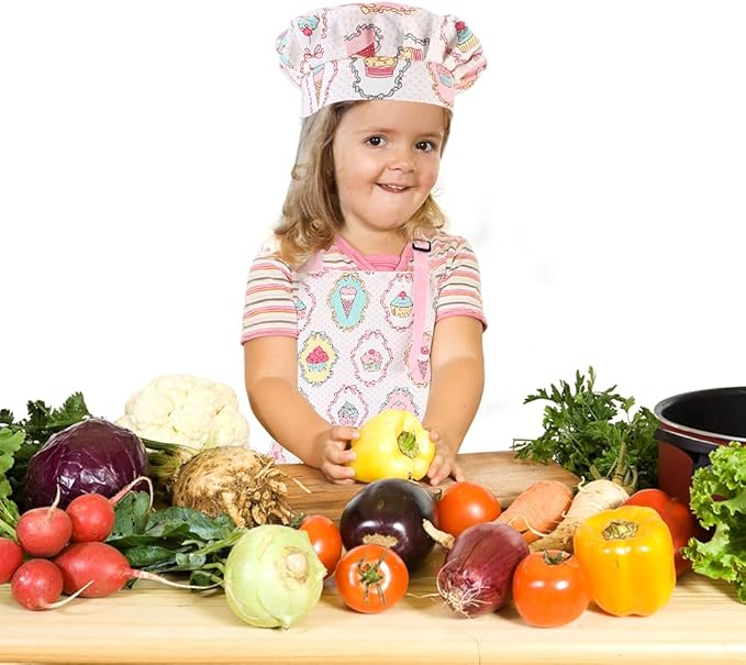 Kids Apron and Chef Hat Set, Adjustable Cotton Child Aprons with Large Pocket Cute Girls Boys Kitchen Bib Aprons for Cooking Baking Painting