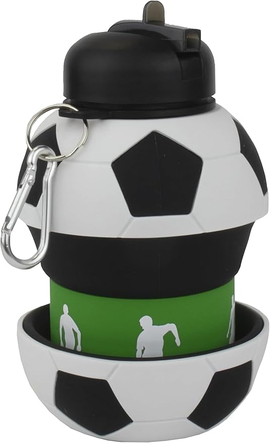 Maccabi Art Clip-On Collapsible 1 Liter, 34 oz. size BPA-Free Silicone Soccer Ball Large Water Bottle for Kids