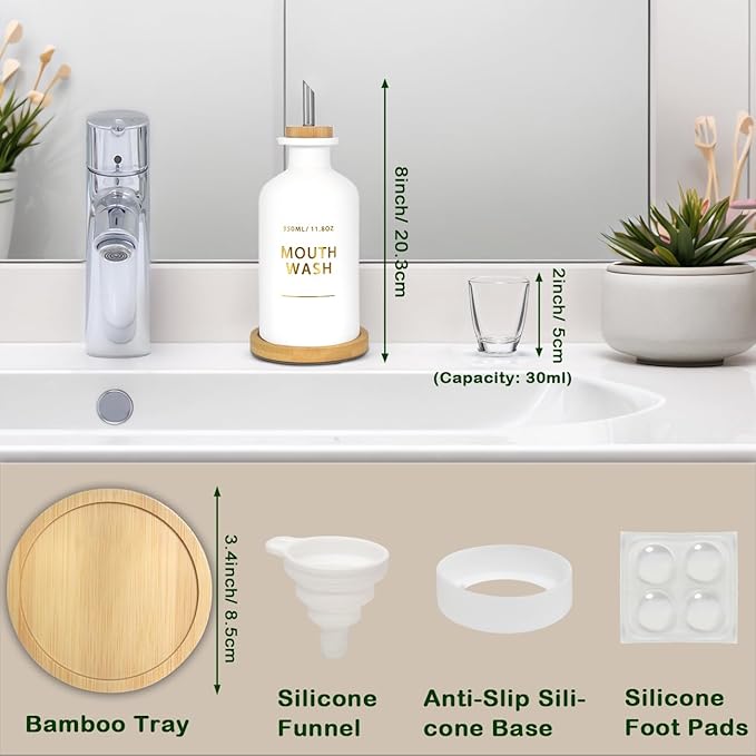 Mouthwash Dispenser for Bathroom 11.8oz – Glass Mouthwash Bottle with Cup & Bamboo Tray, Gold Hot-Stamped Lettering, Nordic Style Countertop Accessory, White Bathroom Accessories (White)