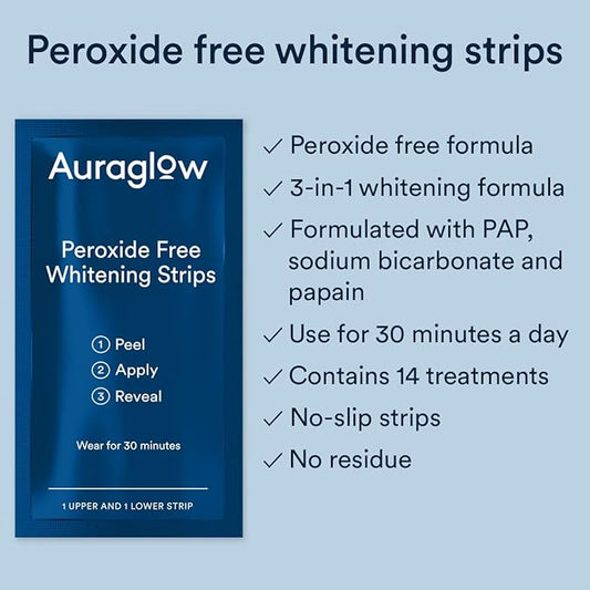 Auraglow Sensitive Teeth Whitening Strips, Peroxide Free White Strips, 14 Whitening Treatments, Whitens Teeth Without Sensitivity, Removes Years of Stains, 28 Strips, Mint