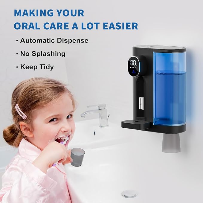 Automatic Mouthwash Dispenser for Bathroom: 20.3Oz Mouth Wash Dispensers with Magnetic Cup Holder, 4 Levels, Wall Mounted, Electric Auto Mouthwash Dispenser for Kids Adults, Bathroom Accessories Black