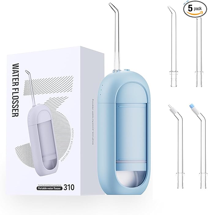 Water Flosser - Waterproof Portable for Teeth ，Water Dental Flosser Portable Cordless Oral Irrigator 3 Modes 6 Flossing Nozzles, Compact & Light for Travel (Blue)