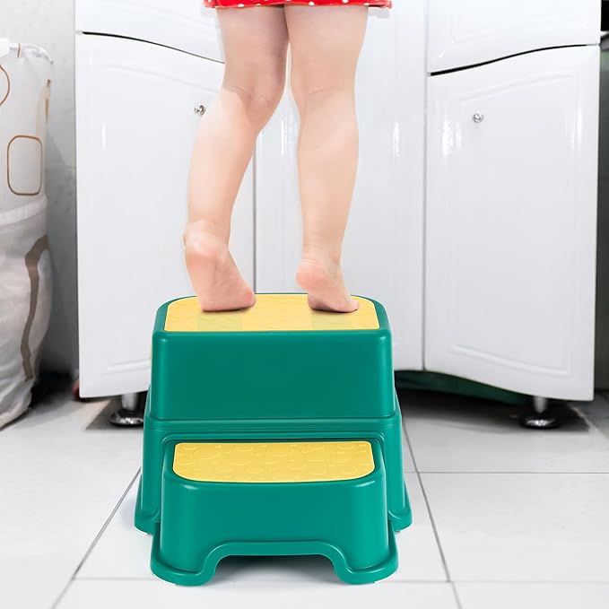 WELSPO 2 Step Stool for Kids, Toddler Step Stool for Bathroom, Kitchen, Bedroom, Living Room, Non-Slip Toddlers Toilet Potty Stool with Handles Baby Child Kid Plastic Poop Stools(Yellow Green)
