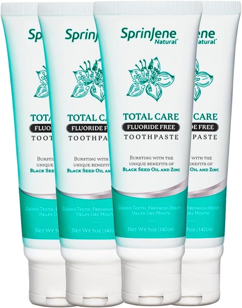 SprinJene Natural Total Care Fluoride Free Toothpaste – Patented Formula with Black Seed Oil & Zinc – Dry Mouth Toothpaste for Fresh Breath & Strong Teeth – Made in The USA (4 Pack)