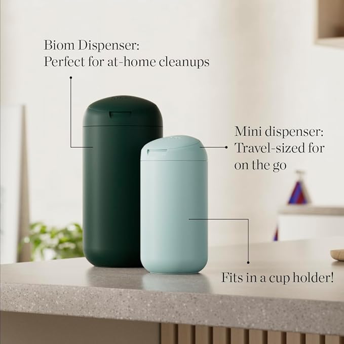 Biom Mini Dispenser + Hand Sanitizing Wipes Starter Kit - Eucalyptus Scented, Biodegradable, Kid-Safe | Fits in Cup Holder | All Natural, Plant-Based Non-Toxic Wipes with Aloe for Soft Skin (Bone)