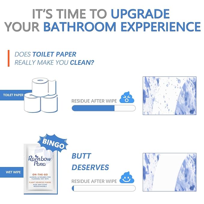 RainbowPana Flushable Wipes, 40 Count, ON-THE-GO Individually Wrapped - Butt Wipes for Women and Men, Travel Wipes for Family - Infused with Vitamin E and Natural Aloe, pH Balanced