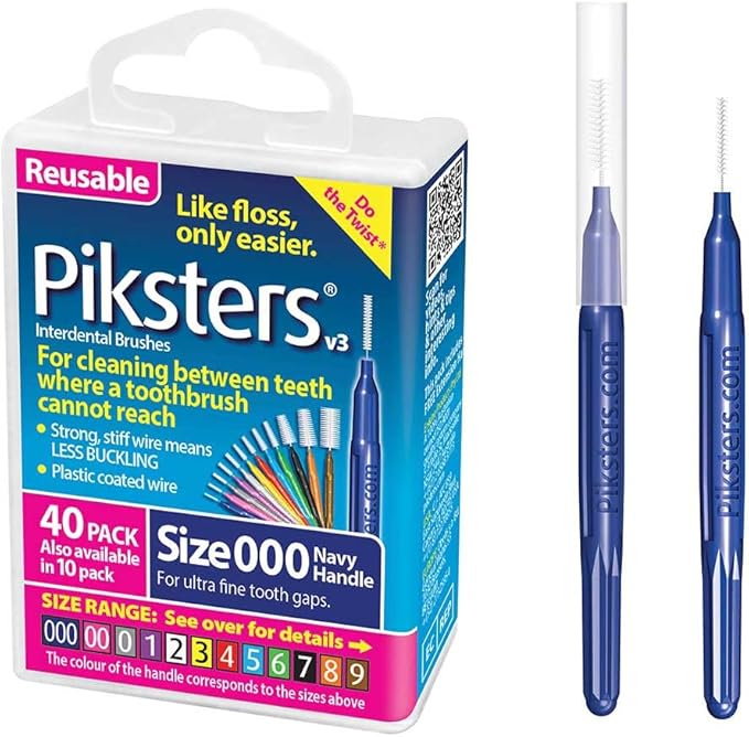 Piksters Interdental Brushes, 40 pk, Size 000, Interdental Tooth Brush for Extremely Tight and Fine Teeth Gaps, Gum Soft Bristles for Plaque Removal, Safe for Braces
