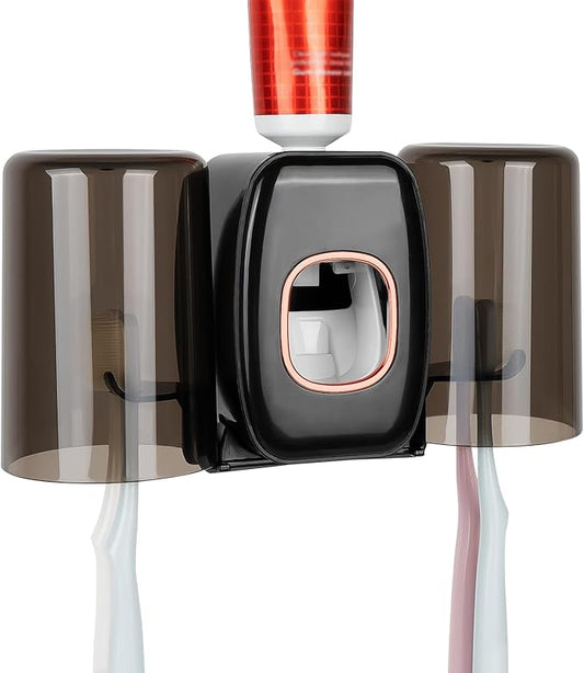 4 Slots Wall Mount Toothbrush Holder with Cover, Self Adhesive Toothbrush Storage Organizer for Shower, Toothbrush Hanger with 2 mouthwash Cups for Bathroom, Medicine Cabinet, Dorm (Black)