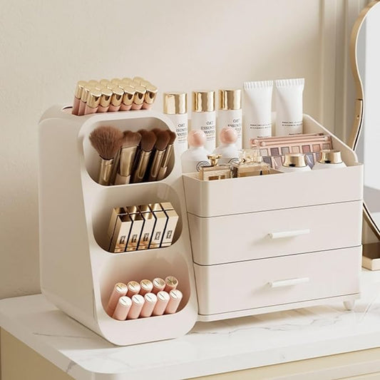 Makeup Organizer with Drawers,Large Capacity Countertop Organizer for Vanity,Bathroom and Bedroom Desk Cosmetics Organizer,Easy To Storage Skincare,Brushes,Lotions,Lipstick (All Cream)