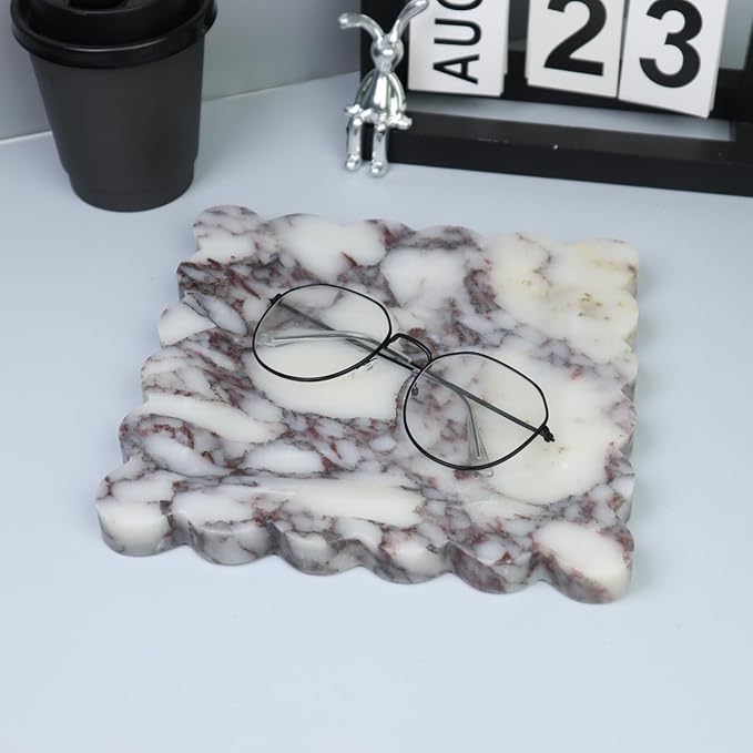 Square Marble Decorative Tray with Scalloped Edge, Luxury Natural Stone Bathroom Vanity Tray, Dresser Top Perfume Coffee Home Kitchen Sink Tray, Key Trinket Ring