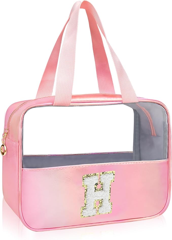 Initial Clear Makeup Bag Personalized Pink Clear Cosmetic Bag, Cute Large Make Up Bags Organizer Bag, Travel Toiletry Bag for Women Girl Gifts H (Pink)