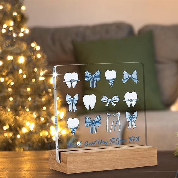 Dental Hygienist Gifts, Dentist Gift for Women, Dental Assistant Accessories Acrylic Plaque Gifts, Blue Bow Coquette Dentist Office Desk Decor