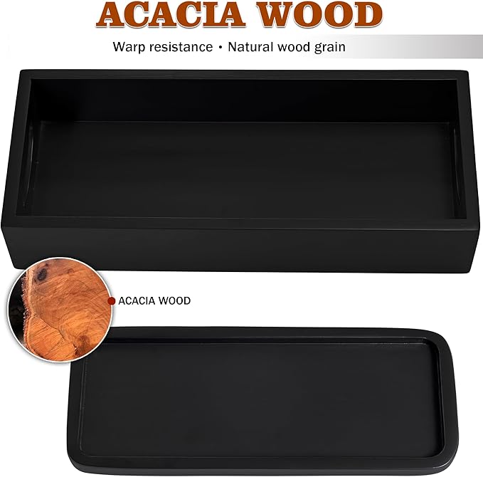 Toilet Tank Tray for Modern Black Bathroom Decor Set of 2 Acacia Toilet Tank Topper Paper Storage Decorative Organizer Box Wood Vanity Tray for Counter Decor Dresser Tops (Black)