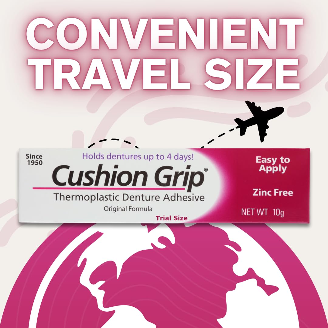 Cushion Grip Thermoplastic Denture Adhesive, 0.35 oz Travel Size (Pack of 3) – Refits and Tightens Loose Dentures for Up to 4 Days | Non-Glue, Zinc-Free, Waterproof Formula, Acts Like a Soft Reliner