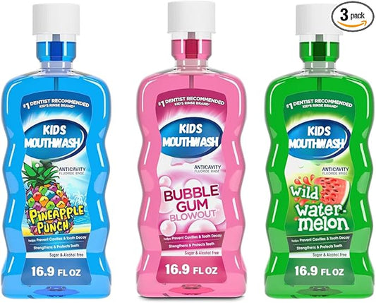 Kids Anticavity Fluoride Mouthwash Variety Pack, Sugar & Alcohol Free, Bubble Gum, Pineapple, & Watermelon, 16.9 fl. oz. (3 Pack)