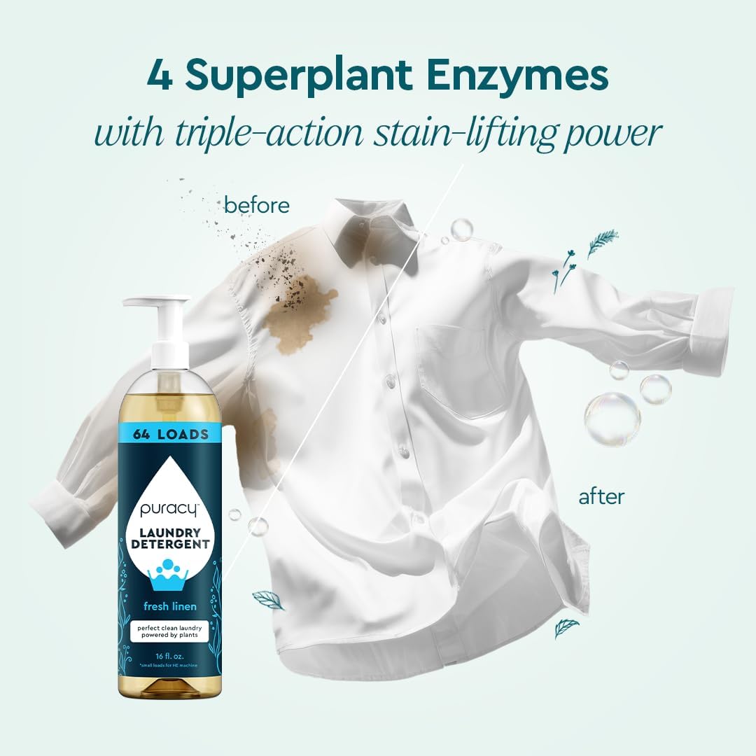 Puracy Laundry Detergent - Enzyme-Powered Liquid Laundry Detergent Concentrate, Natural Laundry Detergent Seen on TikTok, Non-Toxic (Fresh Linen, 16 fl oz, 64 Loads)