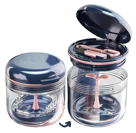 MURRI&MURRDI Denture Bath Case Holder with Mirror & Strainer Basket, Retainer Mouth Guard Soak Container Box, Braces Cleaner Cup, Travel Cleaning Storage for Invisalign Aligners Dental, Dark Blue