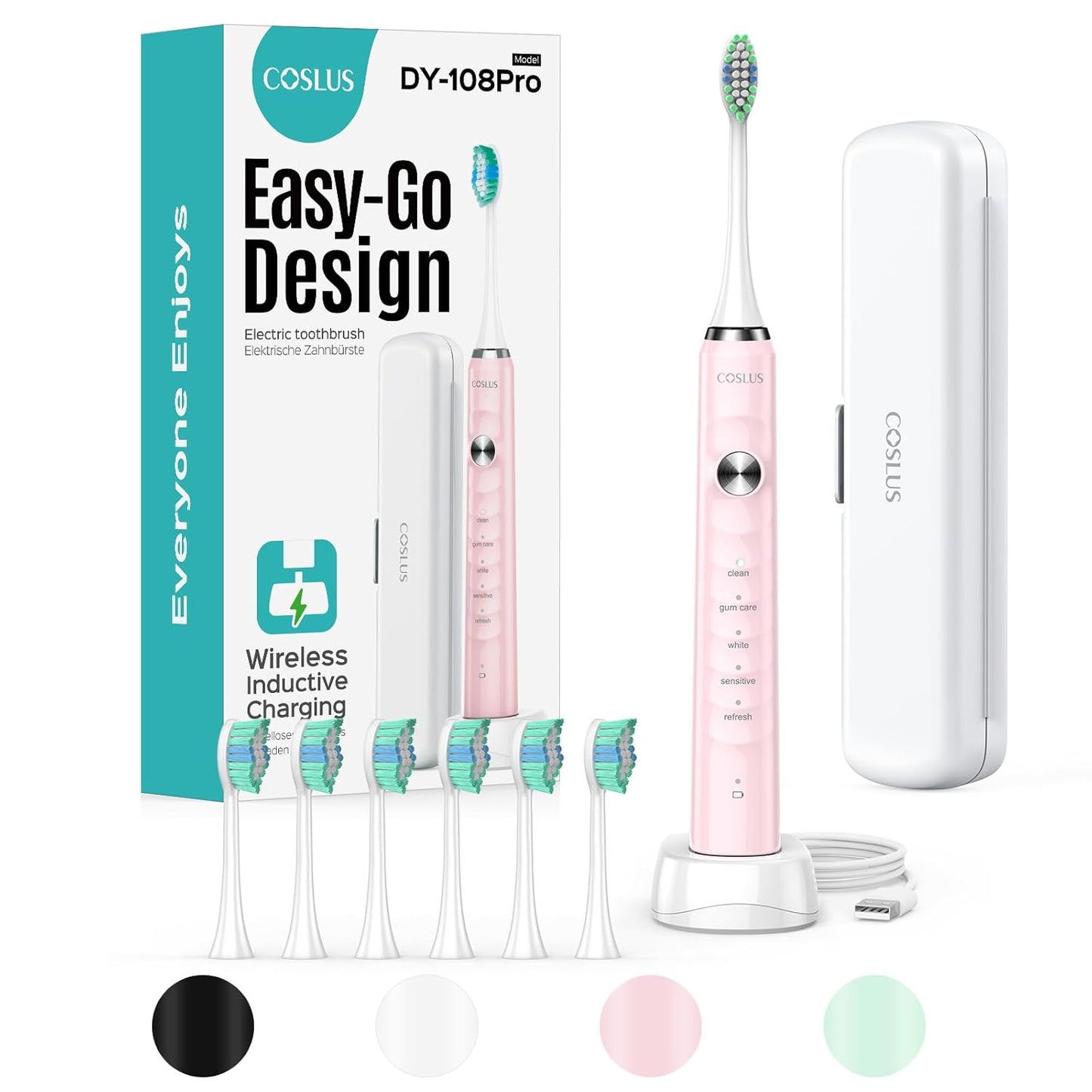 COSLUS Sonic Electric Toothbrush for Kids & Adults: 47000 VPM for Deep Cleaning & Whitening with Travel Case - 5 Modes for Sensitive Teeth & Braces, Wireless Charging, 6 Brush Heads for Home Family