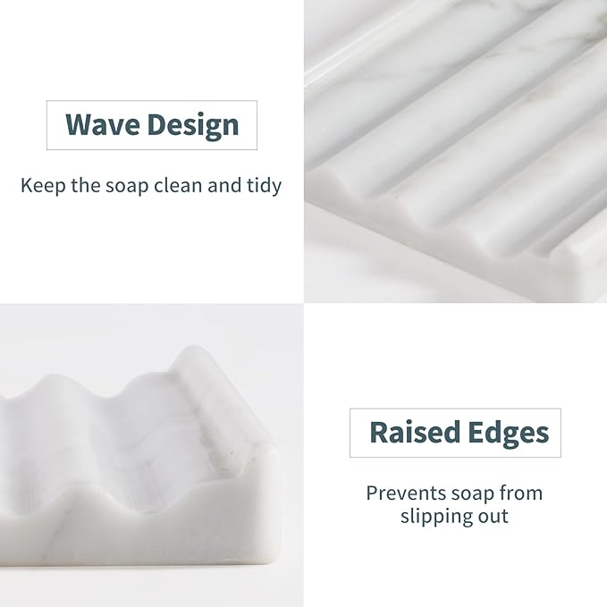 Soap Holder, Marble Soap Dish for Shower, Bar Soap Holder with Water Ripple Design, Easy Cleaning Soap Saver for Kitchen Sink，Bathroom, Executive Italian Natural Stone Soap Tray(Bianco Carrara)