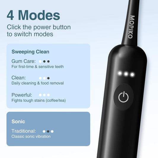 Sweep Sonic Electric Toothbrush for Adults - Rechargeable Power Toothbrush with 2 Replacement Brushheads, Touch Control Sweep Sonic 4 Modes Ultra Clean, IPX7 Waterproof, Black