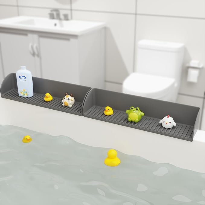 2 Pack Splash Guard for Bathtub & Sink - Silicone Kids Bath Splash Guard Shelf, Bath Toy Tray Holder, Tub Water Splash Guard with 4 Suction Cups, Bathroom Accessories for Children, Toddler Bath, Grey