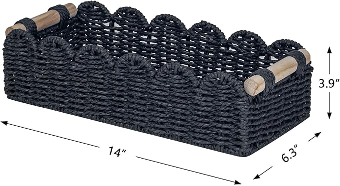 CubesLand Scalloped Edge Decor Basket for Living Room, Home, Bathroom, 2SAME SIZE Paper Rope Baskets, Toilet Storage Baskets for Over Toilet Storage Shelf, Cozy Woven Basket Both Storage&Decor, Black