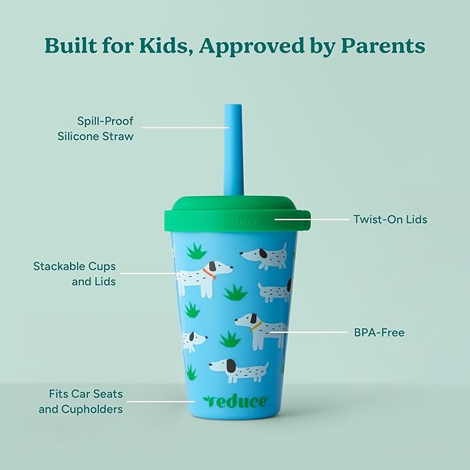 REDUCE GoGo's Kids Portable Tumbler Cups with Lids and Spill-Proof Straws - 5 Pack of Stackable 12 oz Tumblers with Twist-On Lids - Easy Storage, Dishwasher Safe - Scavenger Boy Set