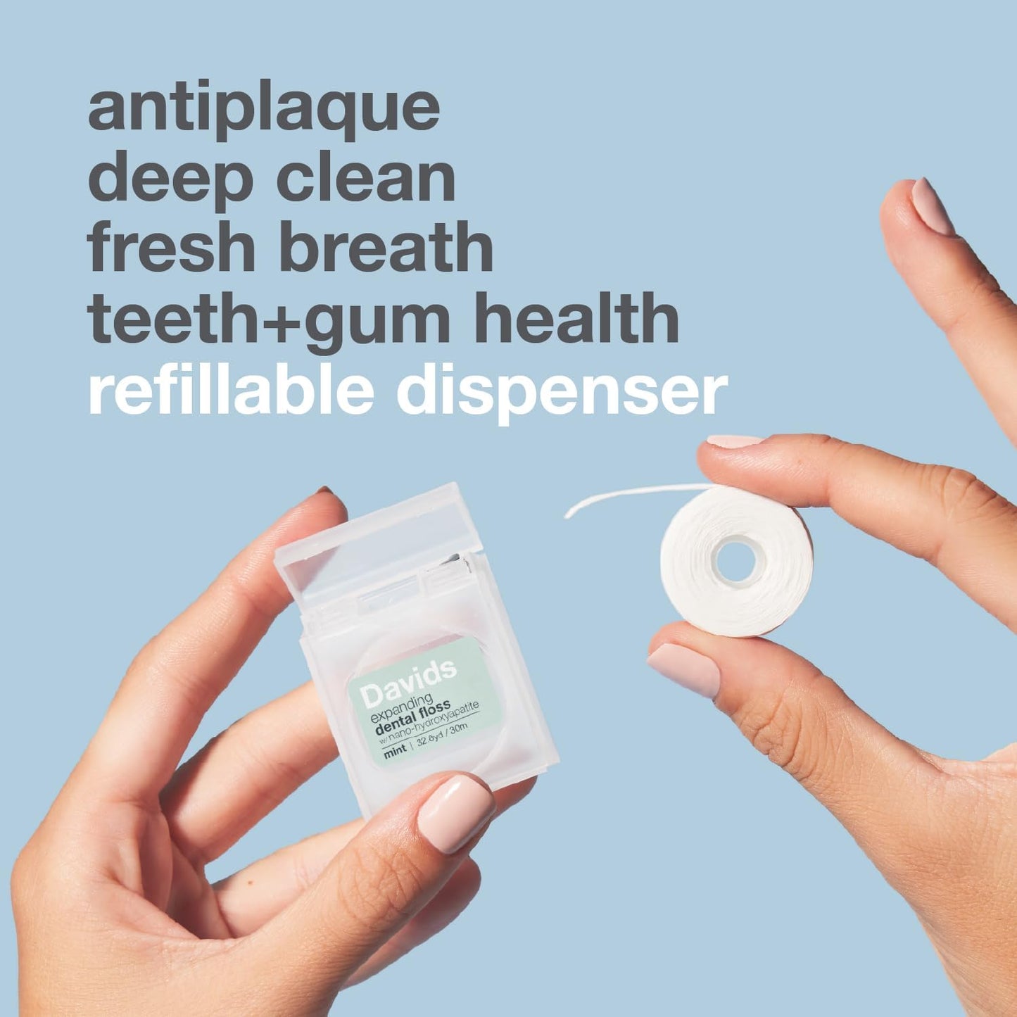 Davids Expanding Dental Floss, 2 Spools, 250+ No Break Woven Strands, Waxed, Vegan, w/Nano Hydroxyapatite, Cocoa Butter & Mint, Kid Friendly, 66 yd