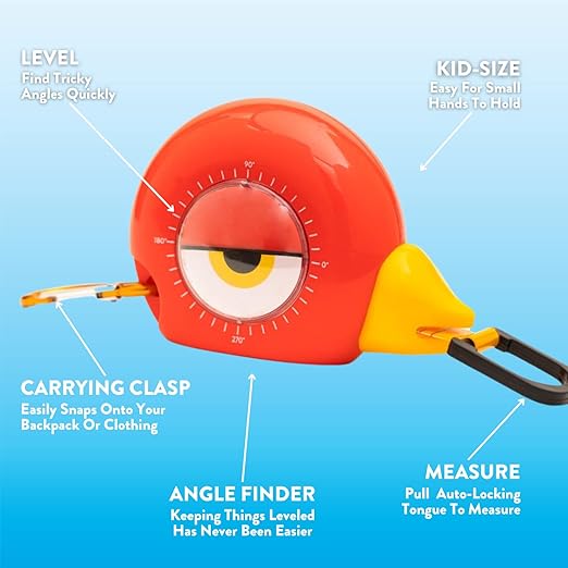 Handy Famm 8ft Red Bird Tape Measure for Kids – STEM Educational Tool with Level, Protractor, Retractable Design - DIY Construction Toy, Child-Safe Measuring Tapes, Gift for Boys & Girls 3+