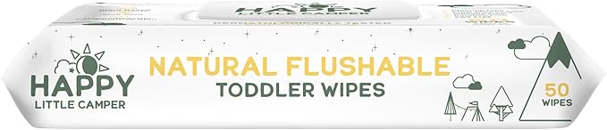 Happy Little Camper Natural Flushable Wipes - Hypoallergenic & Chlorine-Free Wet Wipes with Aloe Vera, Chamomile and Pomegranate Extract - Unscented Baby Wipes Safe for Sensitive Skin - 50 Count